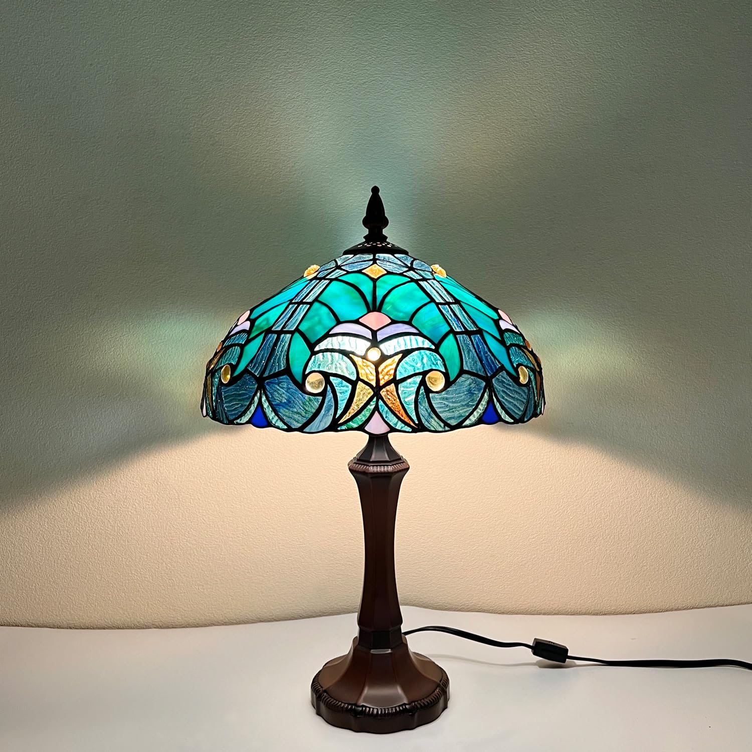 COTOSS Tiffany Style Cyan Green Stained Glass Table Lamp - Antique